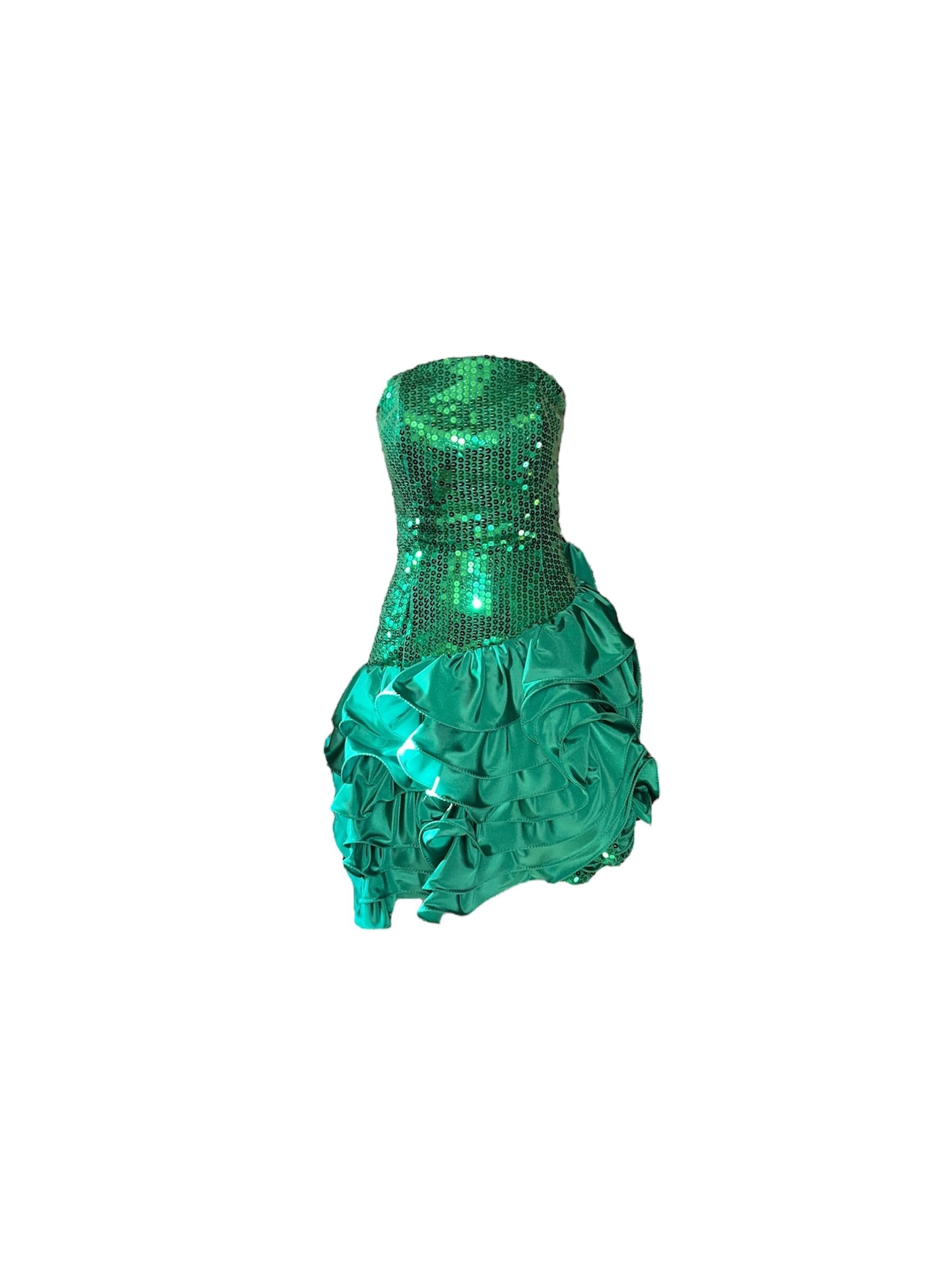 80’s Strapless Emerald Green Sequin Layered Taffeta Short Prom Dress Daniella sz 4 Fits Like a 0