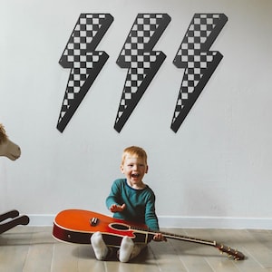 Checkered Lightning Bolt Retro Metal Wall Art Sign | Trendy Wall Sign | Boys Room Nursery Wall Art | 90s Rock Music Preppy Skater Grunge Emo