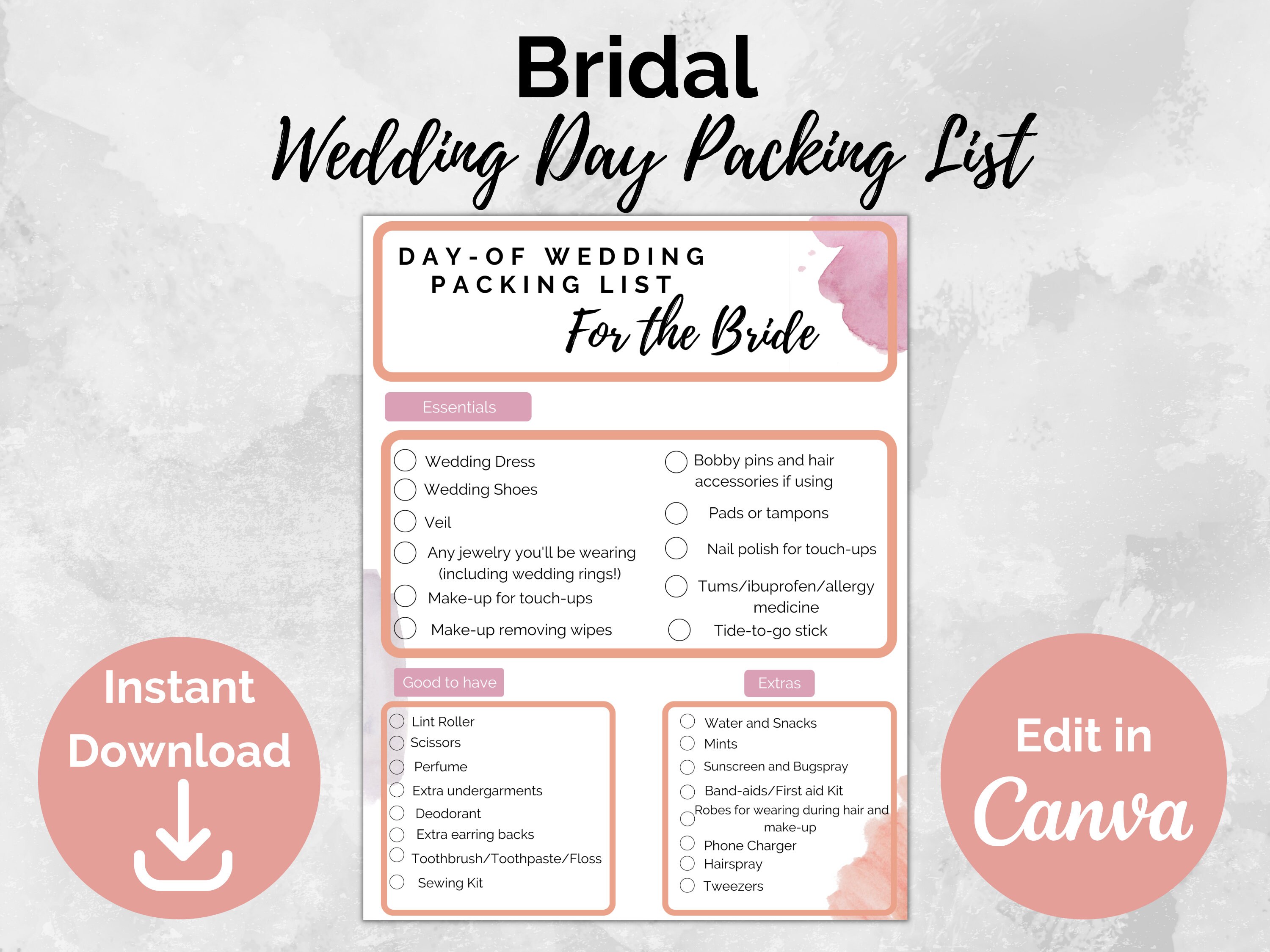 Editable Wedding Checklist, Bride Checklist, Bride Packing List