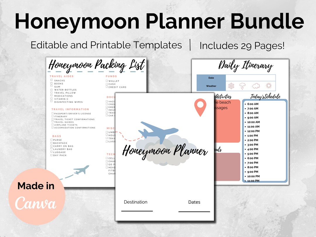 Printable Honeymoon Planner Bundle Editable Travel Planner Trip