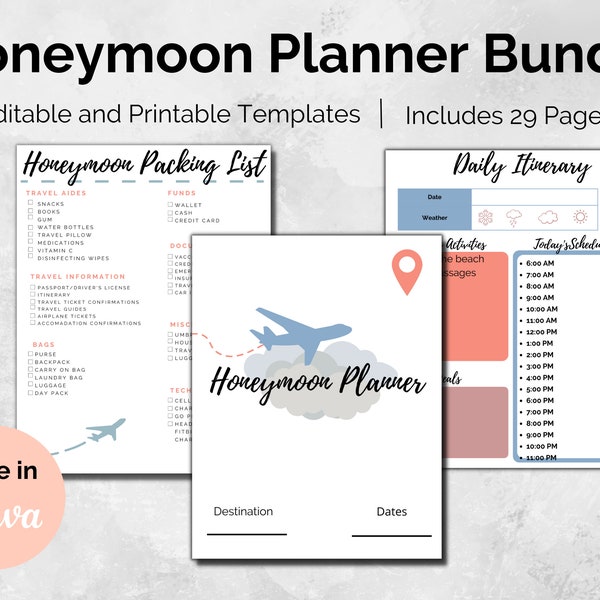 Printable Honeymoon Planner Bundle, Editable Travel Planner, Trip Itinerary Planner, Destination Wedding Planning, Vacation Planner