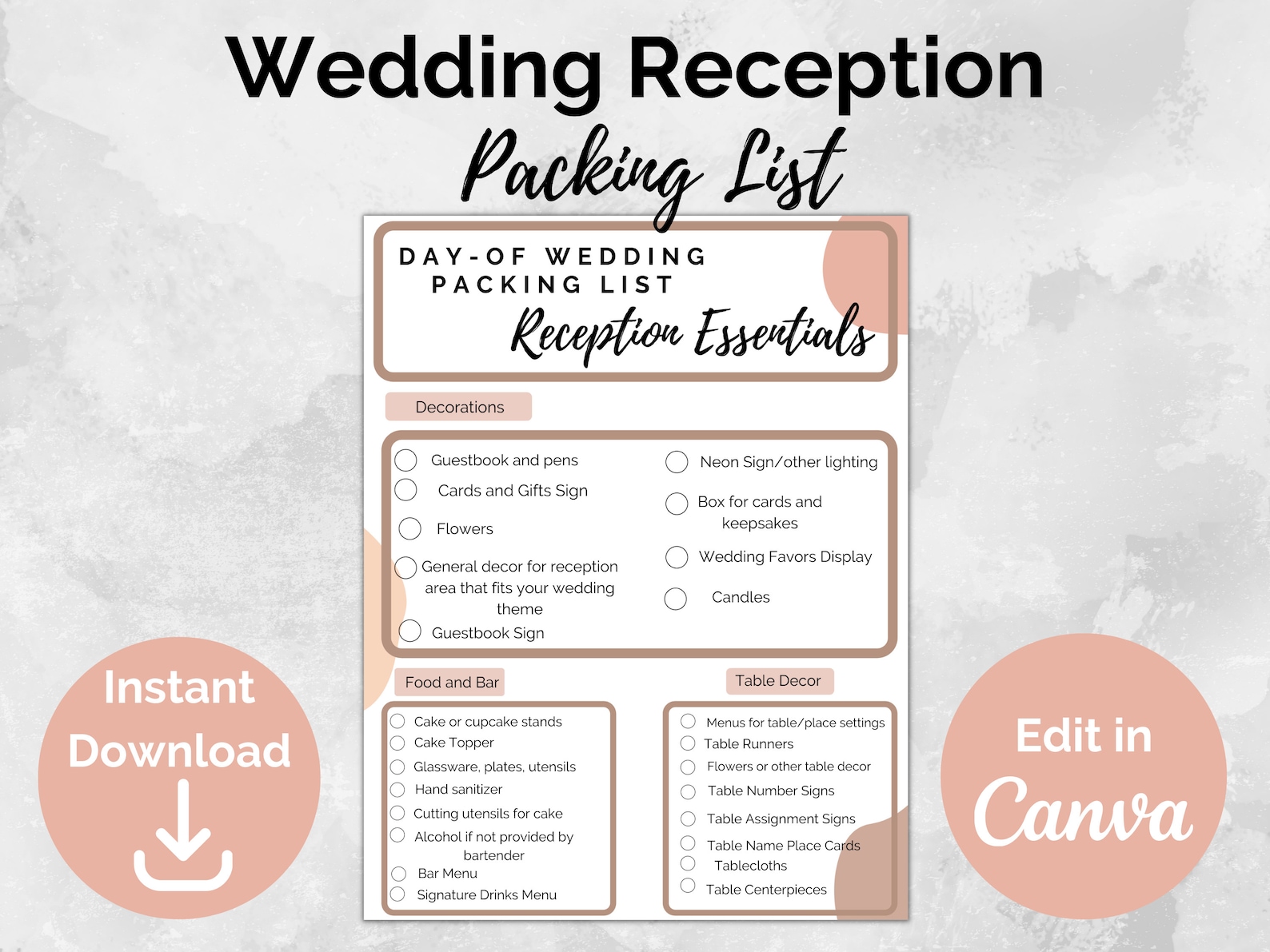 Editable Wedding Checklist Reception Checklist Reception - Etsy