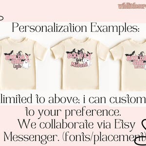 May include: Three cream-colored t-shirts with a pink and black graphic design that says "Boo Day Girl" with a personalized name on each shirt. The shirts are shown on a pink background with a white daisy on each side.
