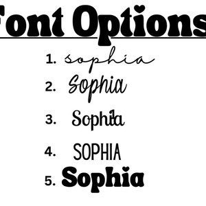 May include: Five different font options for the name "Sophia" are shown. The options range from a handwritten script to a bold, blocky font.