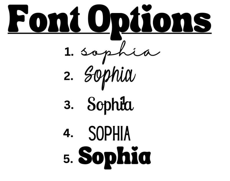 May include: Five different font options for the name "Sophia" are shown. The options range from a handwritten script to a bold, blocky font.