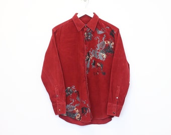 Vintage Dancing Wolves cord shirt in red. Best fits M