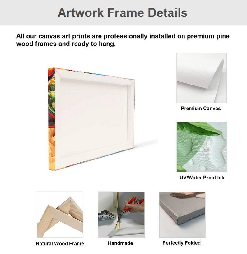 May include: A close-up of a canvas print framed with a natural wood frame. The canvas is stretched over the frame and stapled in the back. The print is protected with a UV and water-resistant ink. The canvas is folded for shipping.