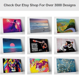 May include: A collection of nine digital art prints featuring various styles and subjects, including a colorful lion, a sunset over the ocean, a landscape with a winding road, and a quote about having a plan. The prints are all framed and ready to hang.
