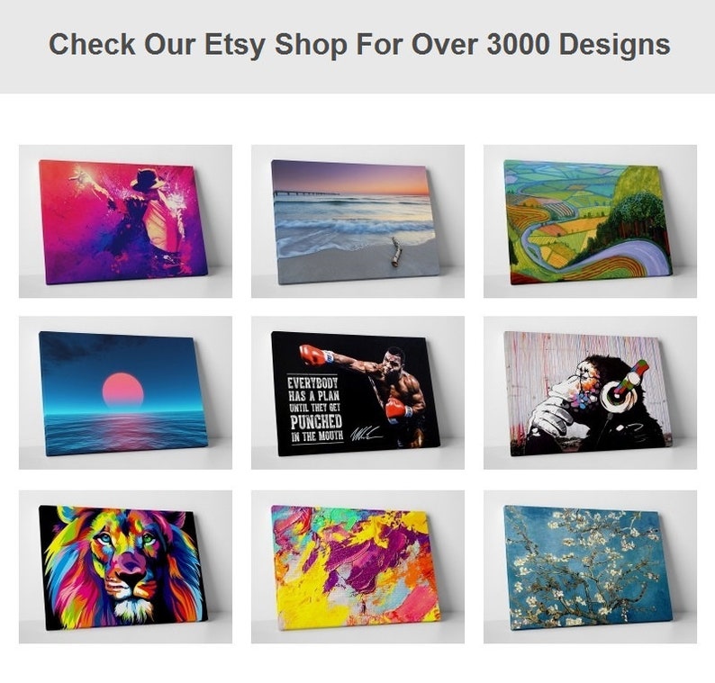 May include: A collection of nine digital art prints featuring various styles and subjects, including a colorful lion, a sunset over the ocean, a landscape with a winding road, and a quote about having a plan. The prints are all framed and ready to hang.