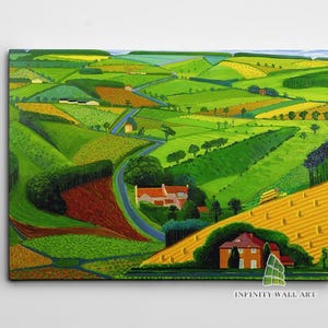 May include: A painting of a rural landscape with rolling green hills, a winding road, and a small farmhouse. The painting is done in a bright, colorful style with thick brushstrokes.