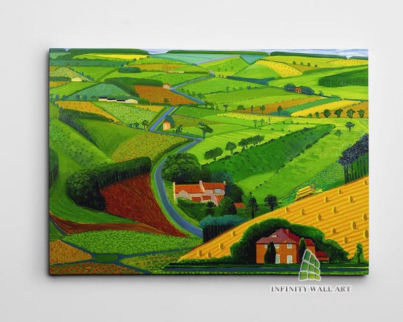 May include: A painting of a rural landscape with rolling green hills, a winding road, and a small farmhouse. The painting is done in a bright, colorful style with thick brushstrokes.