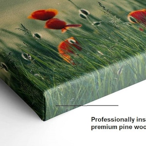 May include: A close-up of a canvas print featuring a field of green grass with red poppies. The canvas is wrapped around the edges of the frame, creating a seamless look.