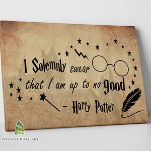May include: A canvas print with a vintage parchment background featuring a quote from Harry Potter. The black text reads "I Solemnly swear that I am up to no good - Harry Potter." Includes illustrations of glasses, a wand, stars, and a feather.