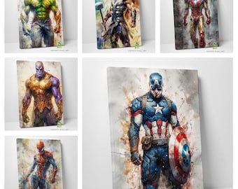 May include: A collection of canvas art prints featuring watercolor-style illustrations of Marvel superheroes. The prints showcase characters like Hulk, Thor, Iron Man, Thanos, Spider-Man, and Captain America, each in dynamic poses.