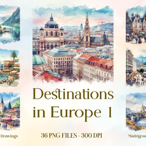 36 destinations de voyage en Europe partie 1 - images aquarelles haute résolution, clipart, PNG, clipart villes, clipart mer, clipart voyage, clipart lacs