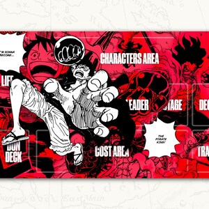 May include: A red and black game mat with a cartoon image of a character from the anime One Piece. The mat has different areas for playing cards, including a cost area, a character area, a leader area, a deck area, a trash area, and a don deck area. The text "I'm gonna become..." is in a speech bubble at the top of the mat.