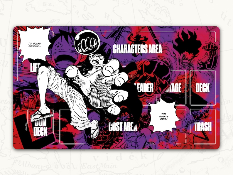 May include: A colorful game mat with a black and white illustration of a cartoon character. The mat has different areas labeled "Characters Area", "Leader", "Cost Area", "Deck", "Trash", and "Dun Deck".