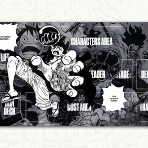 May include: A black and white illustration of a game board with a character from the anime One Piece. The board has areas for characters, cost, leader, voyage, deck, and trash. The text "I'm gonna become..." and "The Pirate King!" are visible on the board.