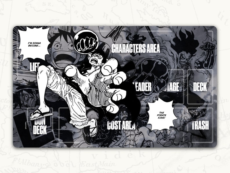 May include: A black and white illustration of a game board with a character from the anime One Piece. The board has areas for characters, cost, leader, voyage, deck, and trash. The text "I'm gonna become..." and "The Pirate King!" are visible on the board.