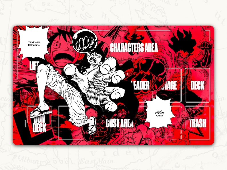 May include: A red and black game mat with a cartoon image of a character from the anime One Piece. The mat has different areas for playing cards, including a cost area, a character area, a leader area, a deck area, a trash area, and a don deck area. The text "I'm gonna become..." is in a speech bubble at the top of the mat.