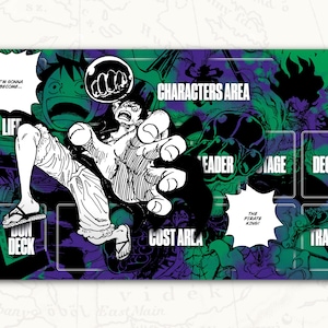 May include: A green and purple illustrated game board with the text "Characters Area", "Leader", "Voyage", "Deck", "Dun Deck", "Cost Area", "The Pirate King!" and "Trash".