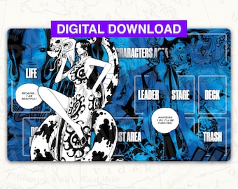 Puede incluir: Descarga digital con una ilustración estilo manga de una mujer con una serpiente, en blanco y negro sobre fondo azul. El texto incluye "LIFE", "LEADER", "STAGE", "DECK" y "TRASH". El texto "DIGITAL DOWNLOAD" está en la parte superior.