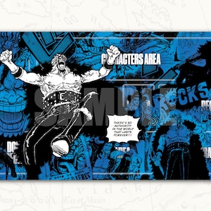 May include: A rectangular playmat featuring a blue and black manga-style collage of characters. The design includes the text "CHARACTERS AREA," "DECK," "TRASH," and a speech bubble stating, "THERE'S NO AUTHORITY IN THE WORLD THAT LASTS FOREVER!!!"
