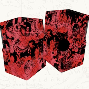 Peut inclure: Une coque de téléphone rouge et noire avec une illustration de style manga d'un personnage tenant une épée. Le personnage est entouré de flammes et de fumée.