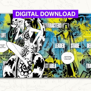 Può includere: Tappetino di gioco scaricabile digitalmente con illustrazioni in stile manga in nero, bianco, giallo e blu. Il design include più personaggi, testo che recita "LIFE", "LEADER", "STAGE", "DECK" e "TRASH". Sono presenti anche le parole "DOWNLOAD DIGITALE".
