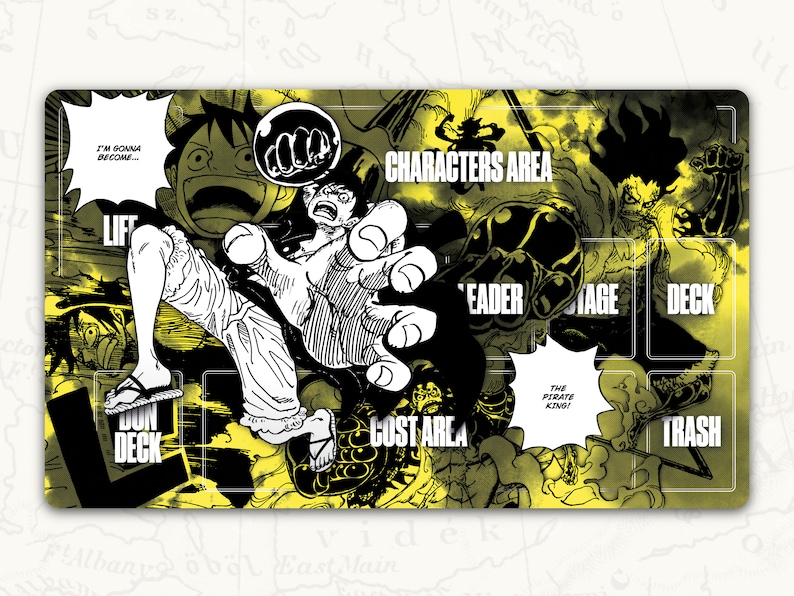 May include: A yellow and black game mat with a graphic of a cartoon character. The mat has sections labeled "Characters Area", "Leader", "Damage", "Deck", "Cost Area", "Dun Deck", and "Trash".