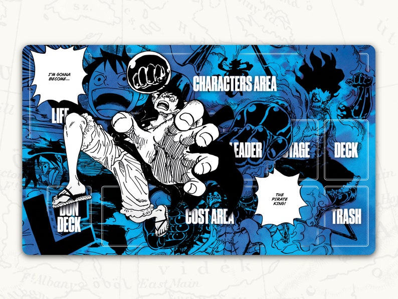 May include: A blue and black game mat with a cartoon image of a character from the anime One Piece. The mat has sections labeled "Characters Area", "Leader", "Damage", "Deck", "Cost Area", "Dun Deck", and "Trash".