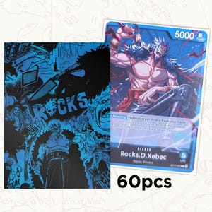 May include: A set of 60 trading card sleeves featuring a blue and black graphic design with the text ROCKS and a character illustration, alongside a blue trading card depicting a muscular character with the text Rocks.D.Xebec and 5000 power.