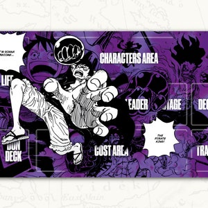 May include: A purple and black playmat with a graphic of a character from the anime One Piece. The playmat has a cost area, a characters area, a leader area, a damage area, a deck area, a trash area, and a dun deck area. The text "I'm gonna become..." and "The Pirate King!" are visible on the playmat.