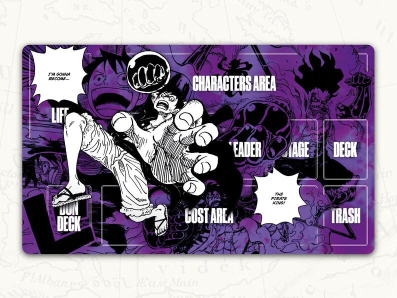 May include: A purple and black playmat with a graphic of a character from the anime One Piece. The playmat has a cost area, a characters area, a leader area, a damage area, a deck area, a trash area, and a dun deck area. The text "I'm gonna become..." and "The Pirate King!" are visible on the playmat.