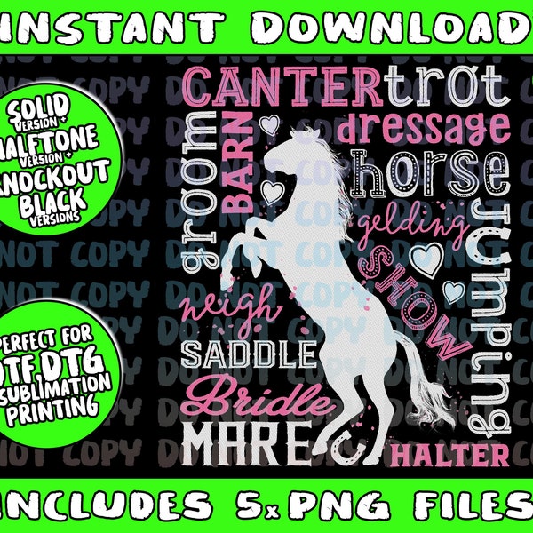 Horse Typography Word Art Equestrian Girls Horseback Riding Png Bundle, Trending Png, Popular Printable