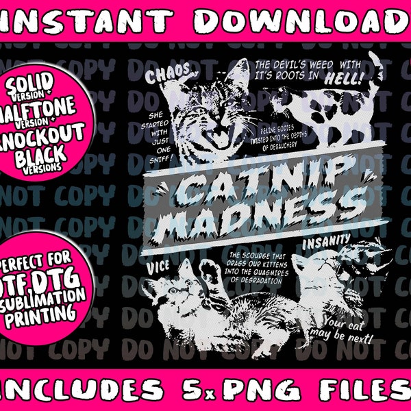 Catnip Madness Cute Kitten Funny Cat Pet Humor Png Bundle, Trending Png, Popular Printable