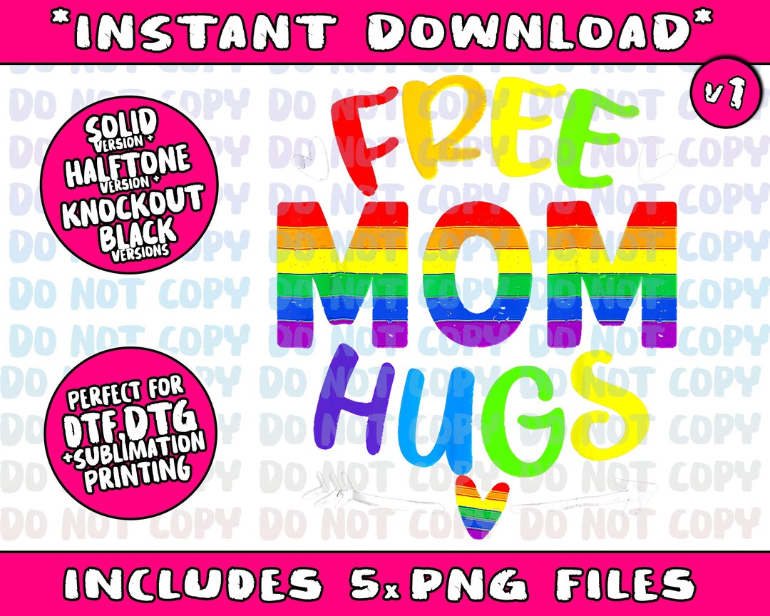 Retro Free Mom Hugs Rainbow LGBT Lesbian Gay Trans Pride Png Bundle ...