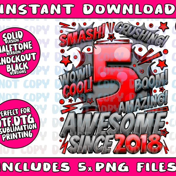 5th Birthday Comic Style Awesome Since 2018 5Png Bundle, Trending Png, Popular Printable