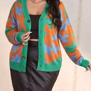 Puzzle Print Cardigan, plus size jigsaw puzzles Piece button jacket sweater