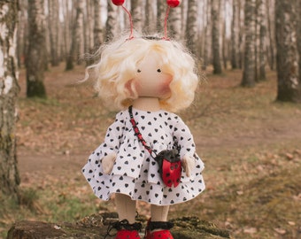 Bug doll textile,Gifts insect, Personalized ladybug,Charmmy ladybird,Personalizet toys,Blonde girl lady-beetle,Present girl,Gift lady-cow