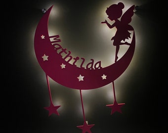 Schlummerlicht Elfe, Fee auf Mond, Kinder Wand Deko, Mädchen, Geschenk, Nachtlicht, beleuchtet Bild, LED, personalisiert