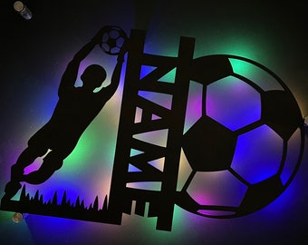 Fußball Spieler, Lampe, Wandbild, Name, Sport Deko, Holz, Ball, Torwart, Geschenk, Männer, Jungs, Teen, Verein, Beleuchtet, LED