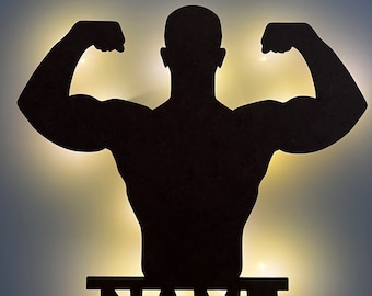 Bodybuilding Athlete Lamp Mural Name Sport Decor Wood Weight Lifting Gift Men Boys Teen Club Illuminated LED