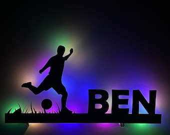 Fußball Spieler, Lampe, Wandbild, Name, Sport Deko, Holz, Ball Interieur, Geschenk, Männer, Jungs, Teen, Verein, Beleuchtet, LED