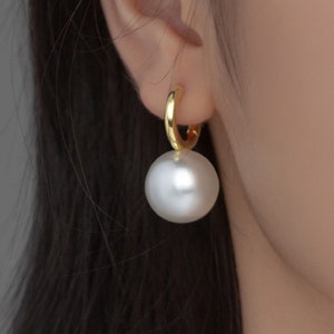 Big Pearl Hoop Earrings, 925 Sterling Silver, Chunky Pearl Huggie, 14K Gold Plated, Large Pearl Earrings, Bridal Pearl Hoops