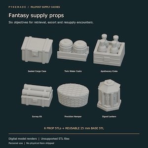 以下が含まれることがあります： 3Dプリント可能な6つのグレーのファンタジー用サプライ小道具セット。密閉された貨物ケース、2つの水樽、薬局の木箱、測量キット、食料品バスケット、信号灯が含まれており、Pynemade Rillpost Supply Cachesとラベル付けされています。
