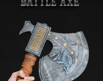 Prop cosplay ascia da battaglia vichinga a grandezza naturale con decorazioni mitologiche - Ascia norrena del Valhalla per costumi da guerriero asgardiano