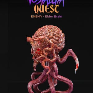 Peut inclure: Sculpture détaillée d'un cerveau ancien, ennemi de la série "Nostalgia Quest". La figurine présente une tête en forme de cerveau avec des yeux rouges et des tentacules. Le texte "Nostalgia Quest" et "ENEMY - Elder Brain" est visible.