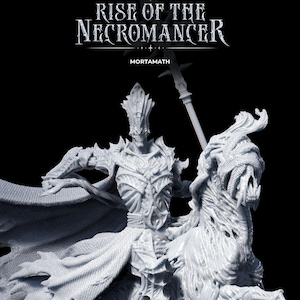 May include: A white, skeletal figure riding a skeletal horse, holding a spear. The figure is wearing armour and a cape. The text "Rise of the Necromancer" and "Mortamath" are visible above the figure.