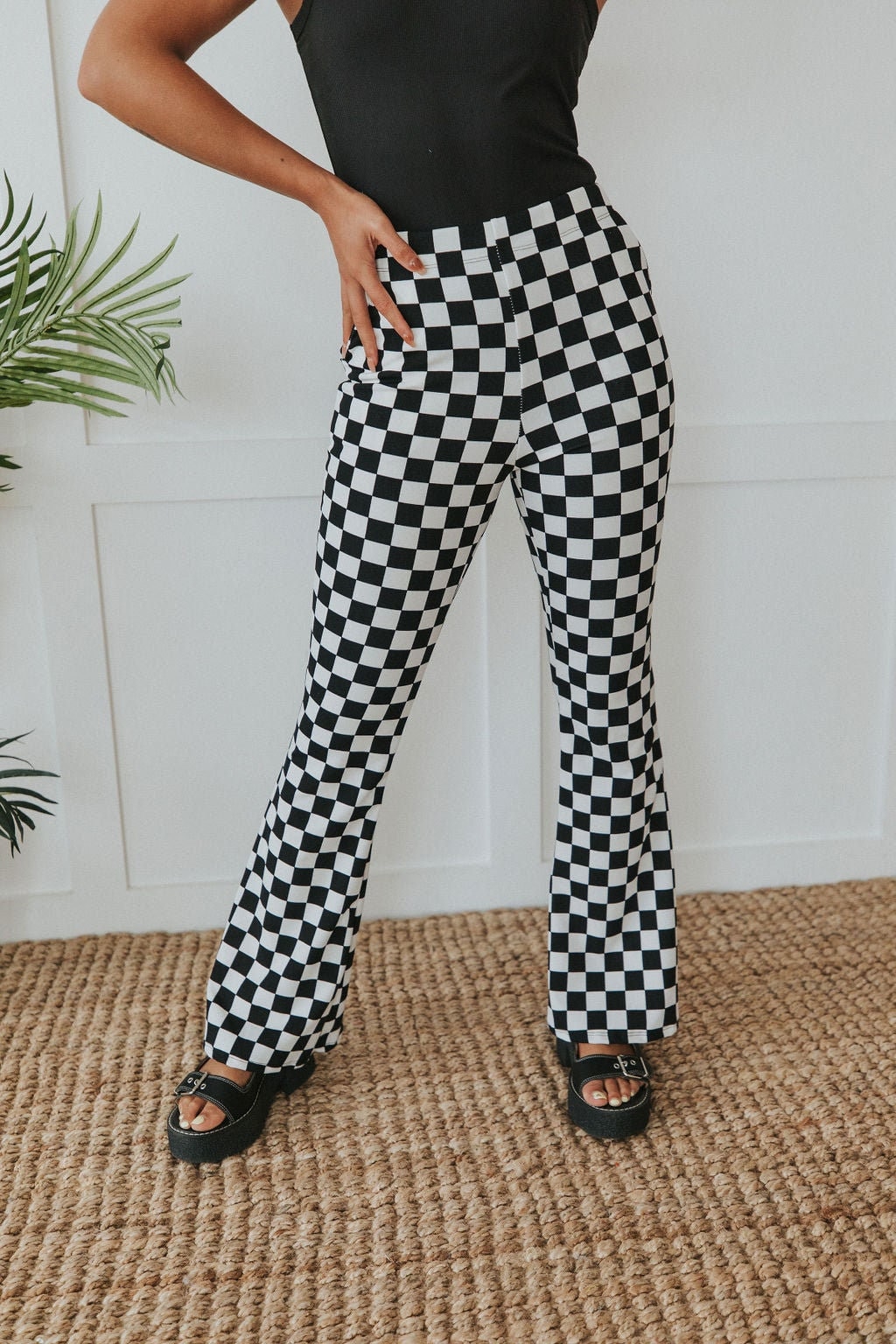 High Waisted Checkerboard Pattern Flare 